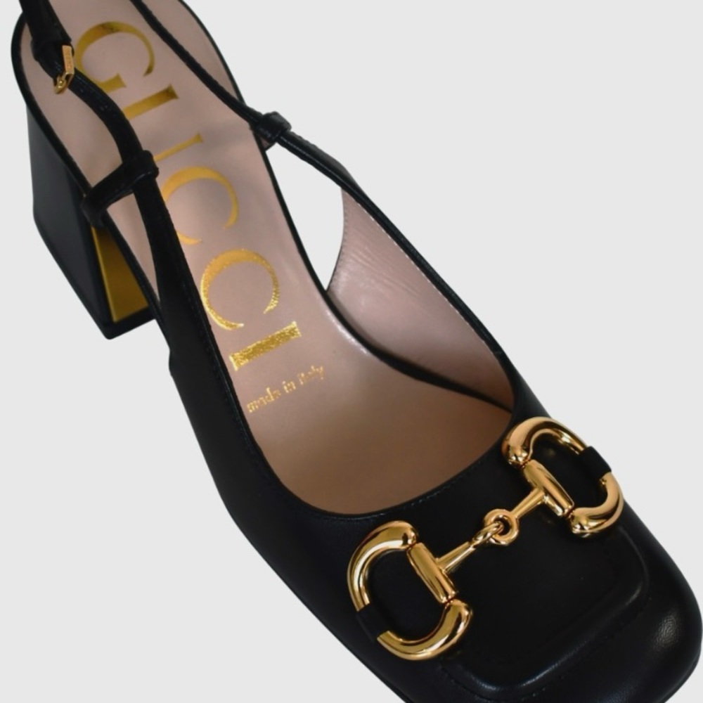 Brand New-Gucci Black Heels with Gold Detailing